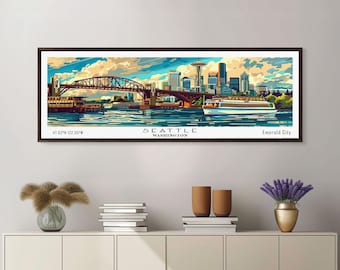 Seattle Panoramic Canvas Print: Mid-Century Modern Retro Wall Art
