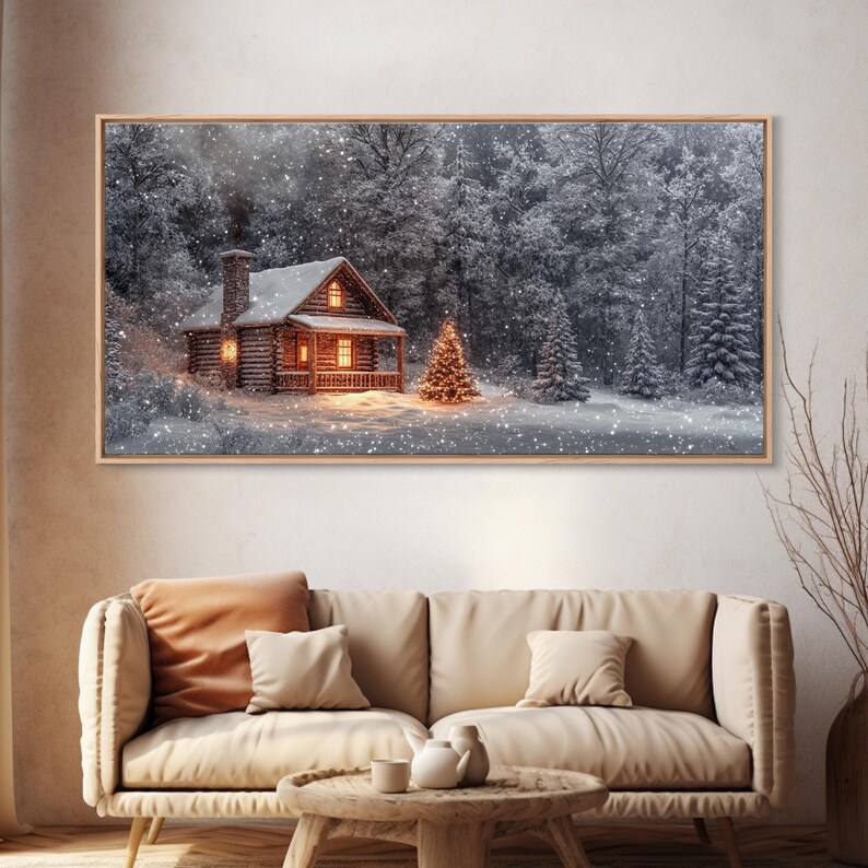 Winter Cabin Framed Canvas Print: Snowy Christmas Tree Landscape Art - Etsy