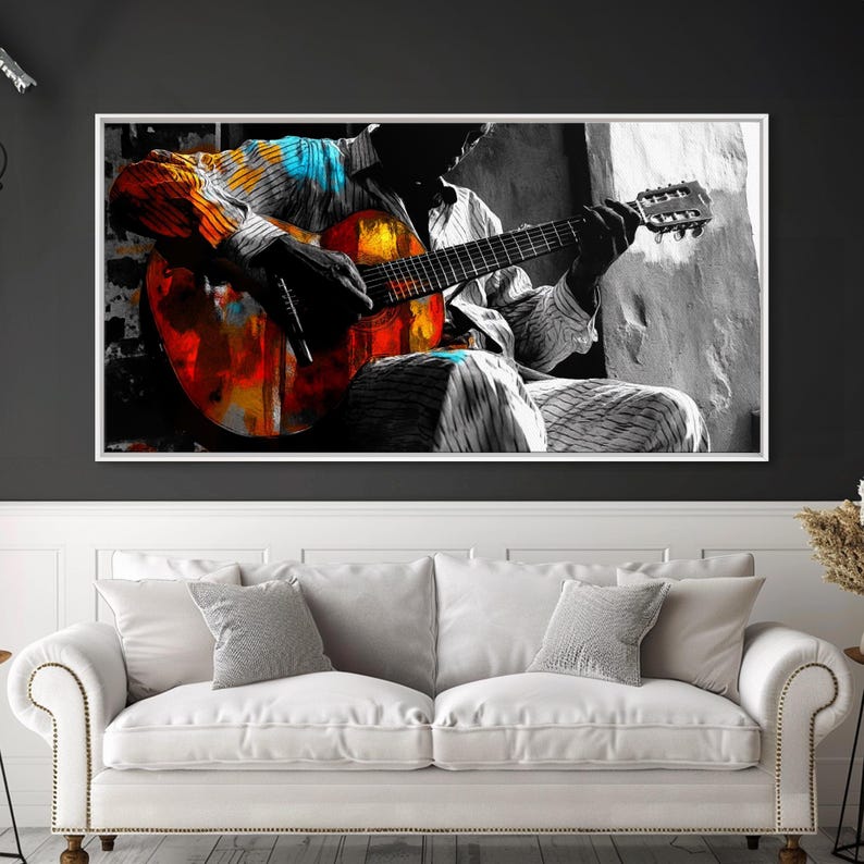 Guitarrista, música, expresión, momento musical melancólico capturado en esta impresión en lienzo enmarcada, arte bohemio para sala de música, arte de pared para estudio artístico imagen 19