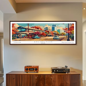 Arlington Texas Panoramic Painting Framed Canvas Print, Mid Century Modern Art, Pop Art Style, Travel Poster, Living Room Decor