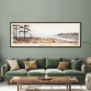 Acadia National Park Panoramic Maine Travel Art, National Park Print, Minimalist Travel Art, Subdued Watercolor Painting Panoramic