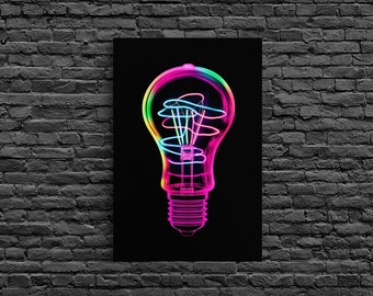 3D Light Bulb Wall Art, Neon Lights Art, Vibrant Art, Minimalist Print, Wall Decor, Canvas Print, Wall Art, Framed Canvas