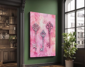Vintage Keys Canvas Print: Pink Cottagecore Wall Art