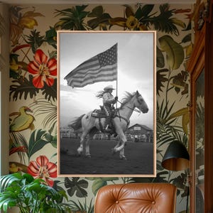 Cowgirl with American Flag Art Print: Western Framed Canvas