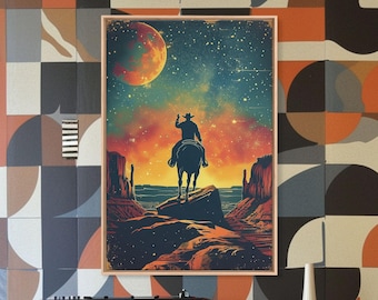 Cosmic Cowboy Canvas Art Print: Retro SciFi Western Poster