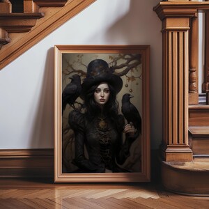 Witch and Ravens Framed Canvas: Gothic Halloween Art image 18
