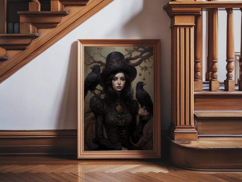 Witch and Ravens Framed Canvas: Gothic Halloween Art image 18