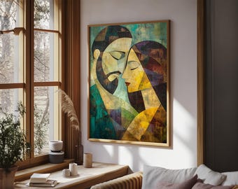 Noli Me Tangere Christ and Mary Magdalene Framed Canvas Print - Moving Geometric Christian Wall Art Large Resurrection Scene Extra Large Re