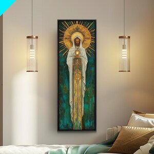 Art Deco Christian Canvas Print, Eucharistic Adoration Scene, Light Oak Frame afbeelding 13