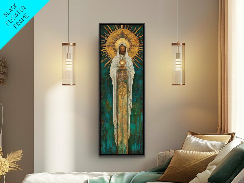 Art Deco Christian Canvas Print, Eucharistic Adoration Scene, Light Oak Frame afbeelding 13