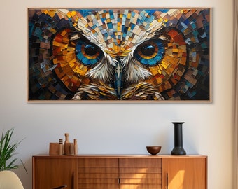 Owl On The Hunt, Eyes Of An Owl, Framed Canvas Print, Stained Glass Style Wood Frame Art, The Owl And The Full Moon, Kitsch Decor