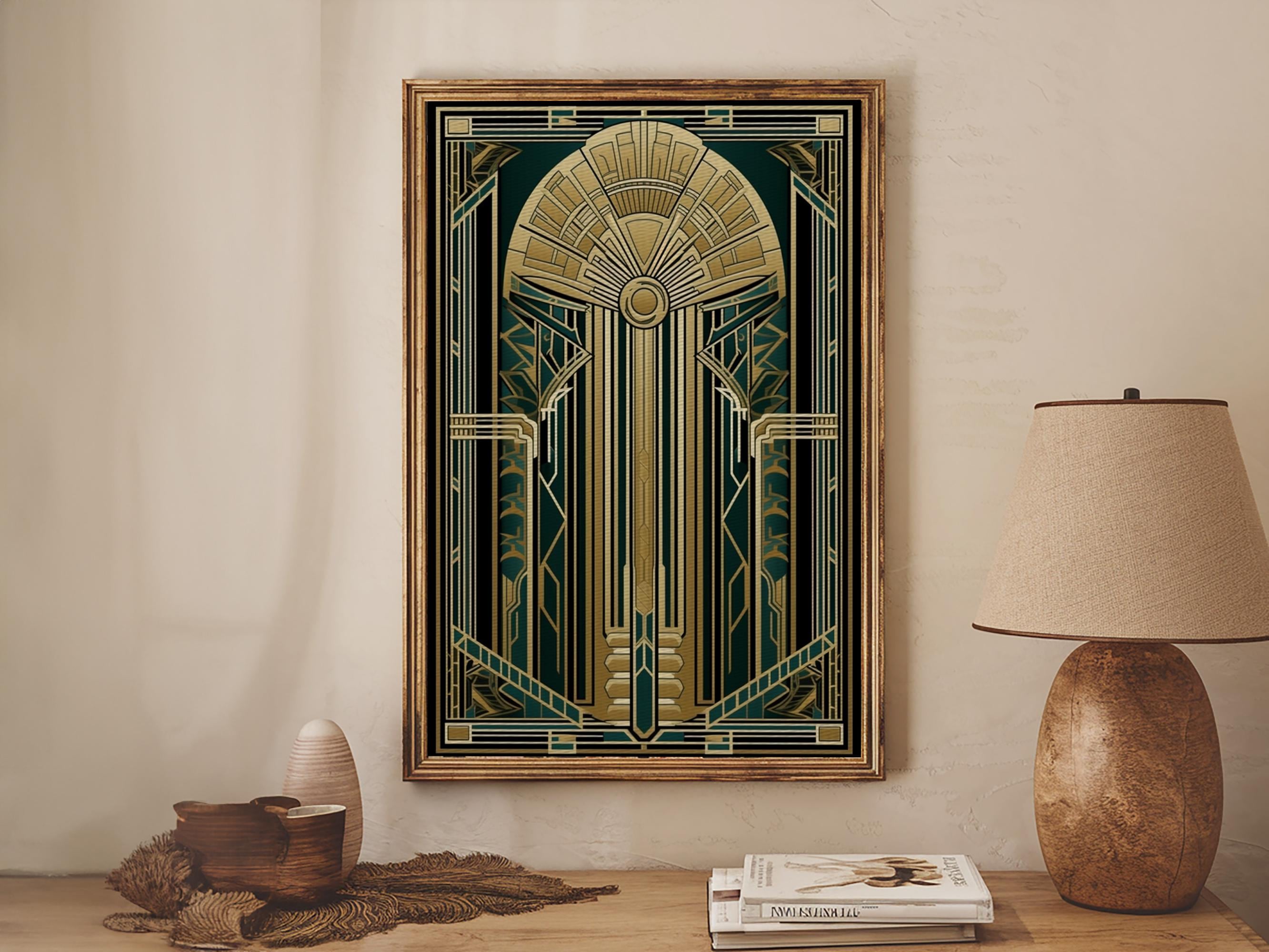インテリアアート　ART DECO Art Deco Framed Canvas Print: Gold & Green Stained Glass Style - Etsy
