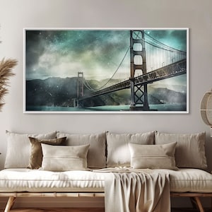 Watercolor Foggy Golden Gate Bridge Wall Art, San Francisco Wall Decor, Panoramic Wall Decor, Canvas Print, Wall Art, Framed Canvas Art