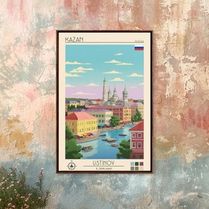 Kazan Russia Travel Poster Framed Canvas Print, Midcentury Modern Art, Pop Art Wall Decor, Scenic Bedroom Art, Office Decoration