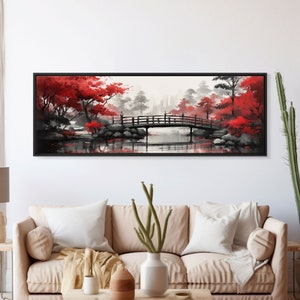 Japanese Hashi Bridge in The Spring, Framed Canvas Print, Japanese Maple Trees Along A Stream, Asian Inspired Artwork