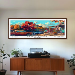 Baton Rouge Louisiana Panoramic Painting Framed Canvas Print, Mid Century Modern Art, Pop Art Style, Travel Poster, Wall Art Decor