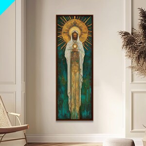 Art Deco Christian Canvas Print, Eucharistic Adoration Scene, Light Oak Frame afbeelding 18