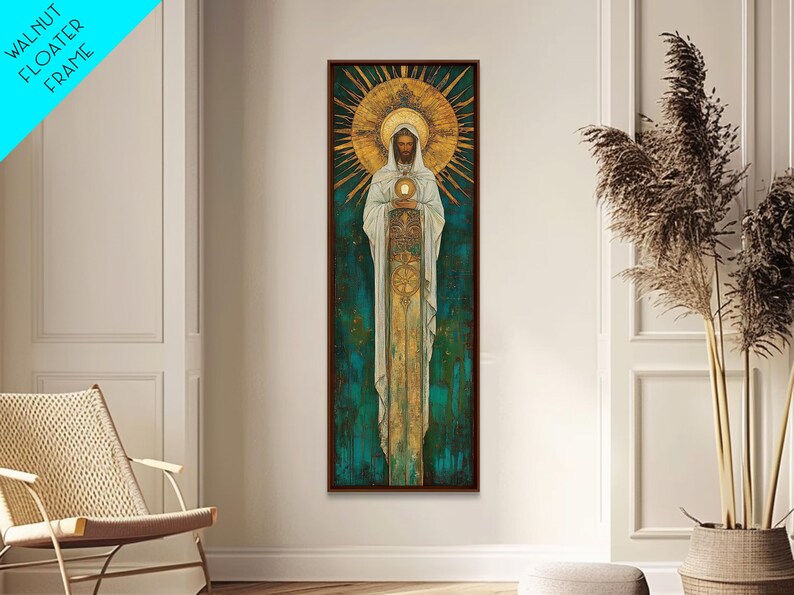Art Deco Christian Canvas Print, Eucharistic Adoration Scene, Light Oak Frame afbeelding 18