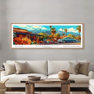 Bakersfield California Panoramic Painting Framed Canvas Print, Mid Century Modern Art, Pop Art Style, Travel Poster, Living Room Decor