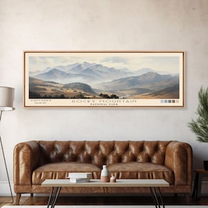 Rocky Mountain National Park Panoramic Travel Art, National Park Print, Minimalist Travel Art, Subdued Watercolor Painting Panoramic
