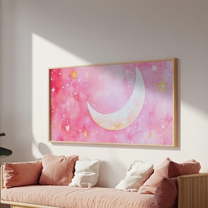 Crescent Moon and Stars Design in Pink Wall Art Style on Framed Canvas Print, Nursery or Bedroom Light Pink Whimsical Art