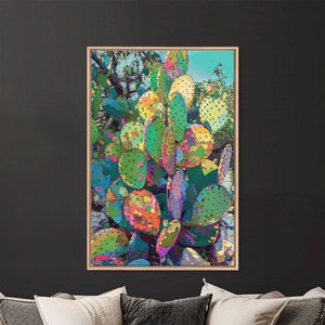 Vibrant Prickly Pear Cactus in Abstract Style - Framed Canvas Print, Colorful Desert Decor, Living Room Art, Cactus Wall Art for Home