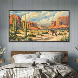 Lone Cowboy in Desert Landscape, Framed Canvas Print, Perfect for Rustic Living Room Art, Western Wall Art, Home and Bedroom Decor