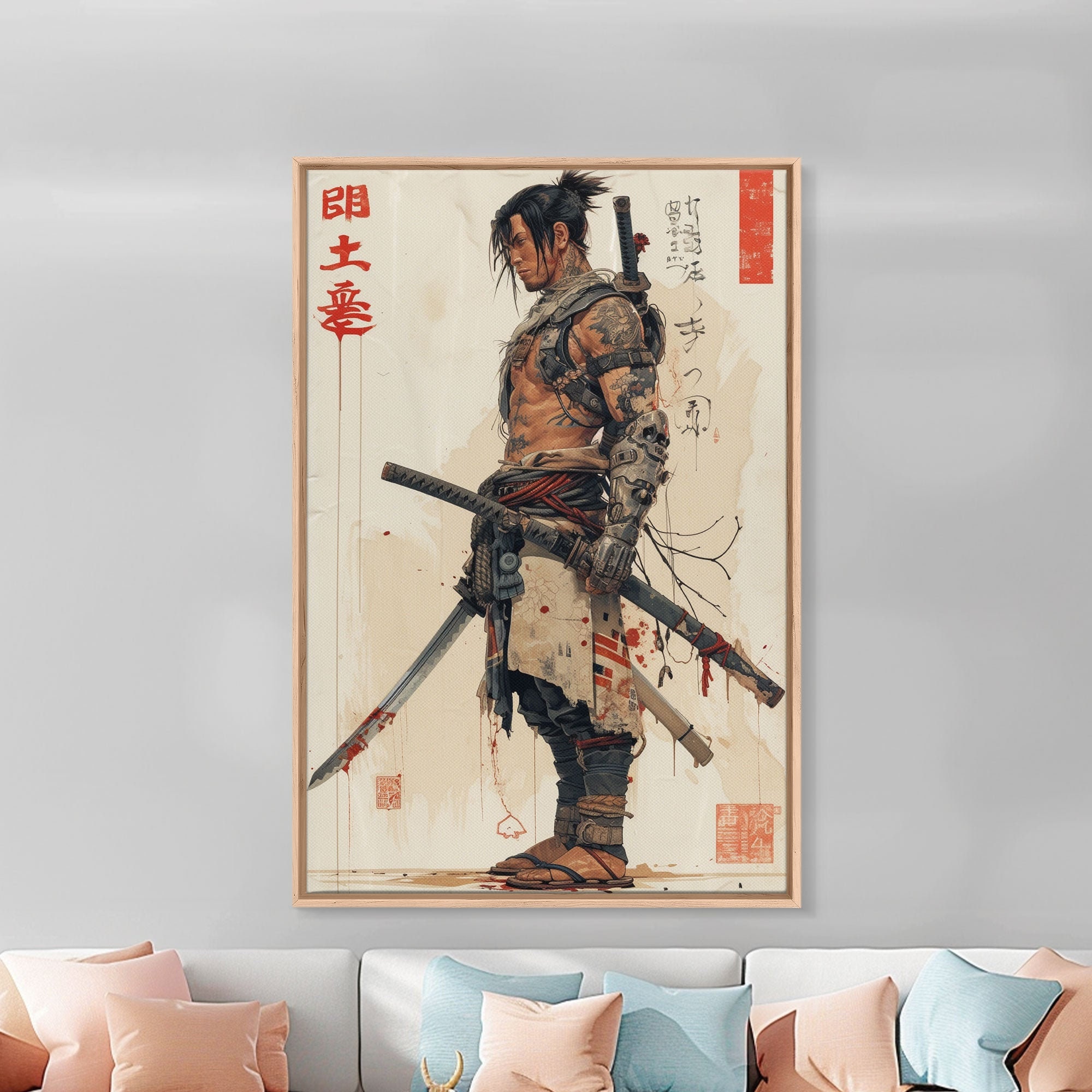 Modern Samurai Warrior Poster Art, Japanese Inspired Wall Art, Framed and Printed Art on Canvas, Anime Art, Japanese Decor, Samurai Poster