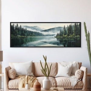 Listo para colgar arte panorámico de la pared del lienzo del bosque de pinos brumosos, arte de la pared de la naturaleza, impresión del bosque verde brumoso, decoración moderna del hogar, arte listo para colgar