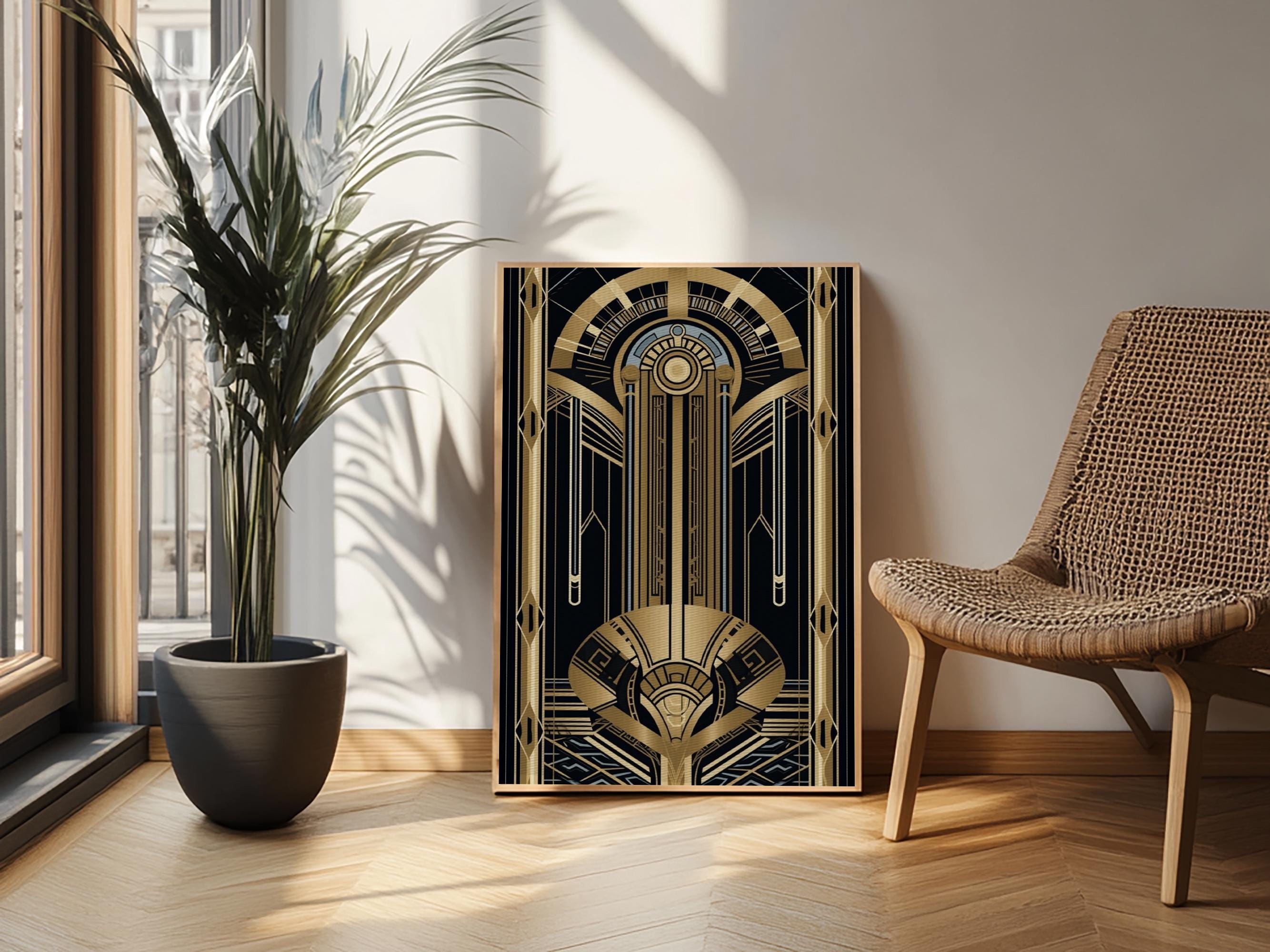 Art Deco Framed Canvas Print: Gold & Black Abstract Lines - Etsy