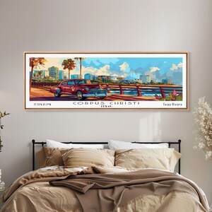 Corpus Christi Texas Panoramic Painting Framed Canvas Print, Mid Century Modern Art, Pop Art Style, Travel Poster, Living Room Decor