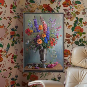 Colorful Flower Vase Print - Framed Canvas Wall Art, Bright Floral Decor for Living Room, Colorful Flower Artwork for Home, Floral Wall Art