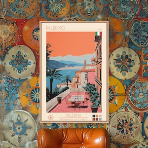 Cartaz de viagem de Palermo, Itália, impressão em tela emoldurada, arte moderna de meados do século, decoração de parede de arte pop, arte cênica para sala de estar, decoração de quarto