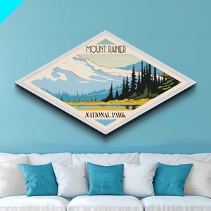 Mount Rainier National Park Diamond Shaped Travel Poster Canvas Art Print, Canvas Wall Art, Travel Gift, Washington Travel Art