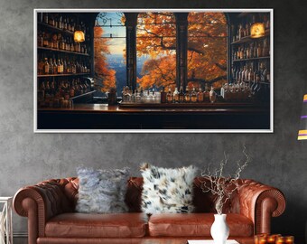 Fall Bar Scene Framed Canvas Print: Home Bar Wall Art