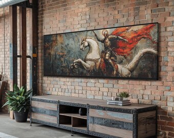 Saint George And The Dragon In The City Framed Canvas Print | Panoramic Wall Art Modern Christian Art Unique Christian Painting Large Chris