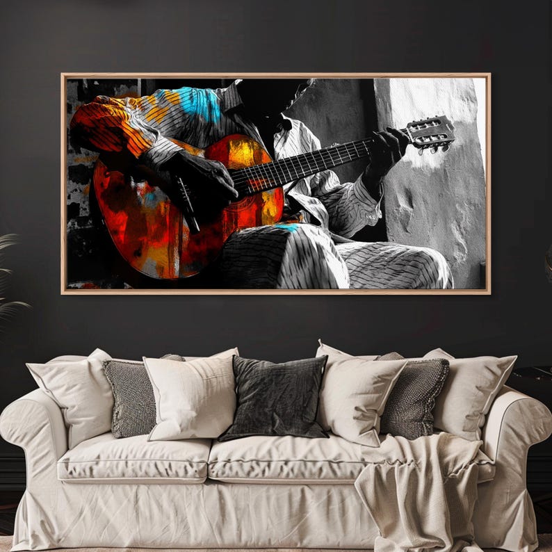 Guitarrista, música, expresión, momento musical melancólico capturado en esta impresión en lienzo enmarcada, arte bohemio para sala de música, arte de pared para estudio artístico imagen 17