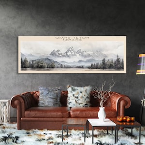 Grand Teton National Park Panoramic Wyoming Travel Art, National Park Print, Minimalist Travel Art, Subdued Watercolor Painting Panoramic