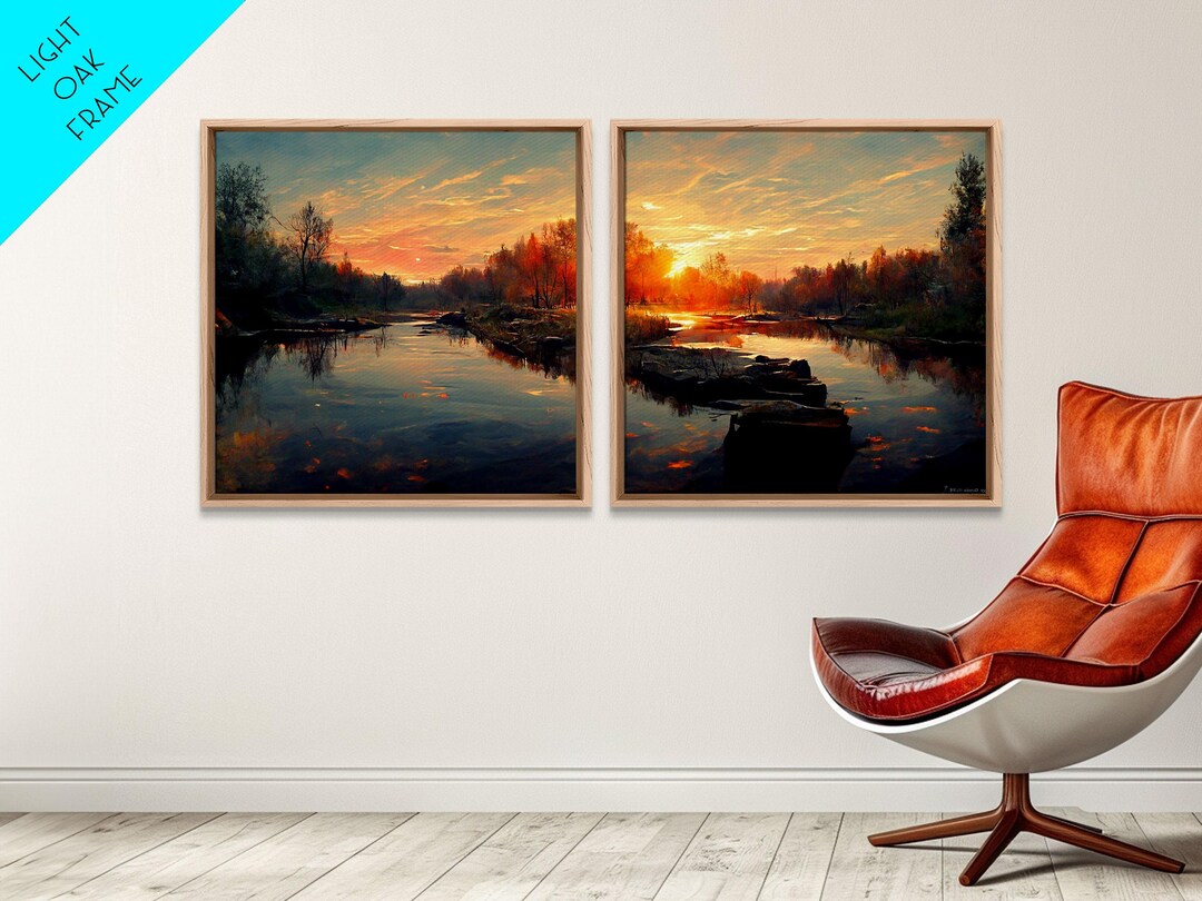 Two Piece Art, Lake Sunset Oil Painting on Canvas, Canvas Print, Ready ...