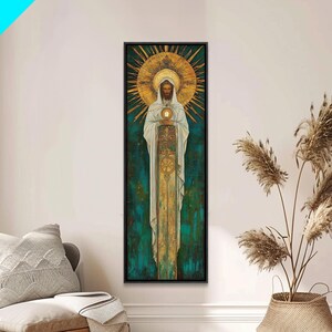 Art Deco Christian Canvas Print, Eucharistic Adoration Scene, Light Oak Frame afbeelding 17