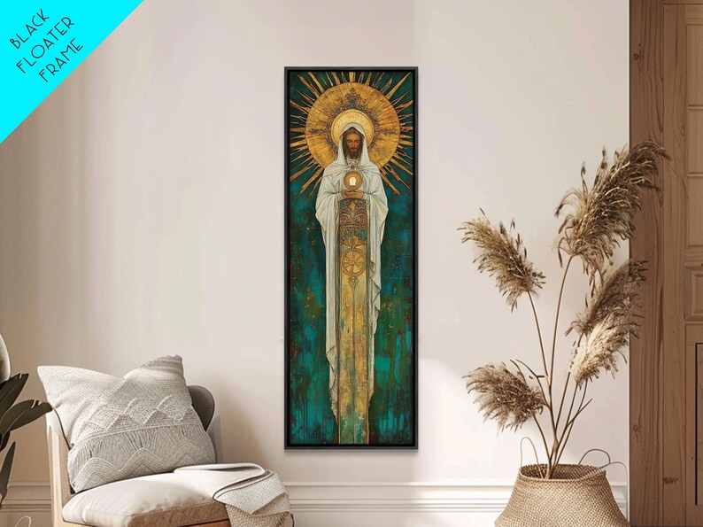 Art Deco Christian Canvas Print, Eucharistic Adoration Scene, Light Oak Frame afbeelding 17