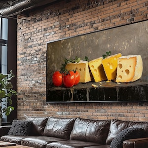 Still Life of Tomatoes and Cheese - Framed Canvas Print - Kitchen Wall Art - Kitsch Home Decor - Food Oil Painting Wall Art