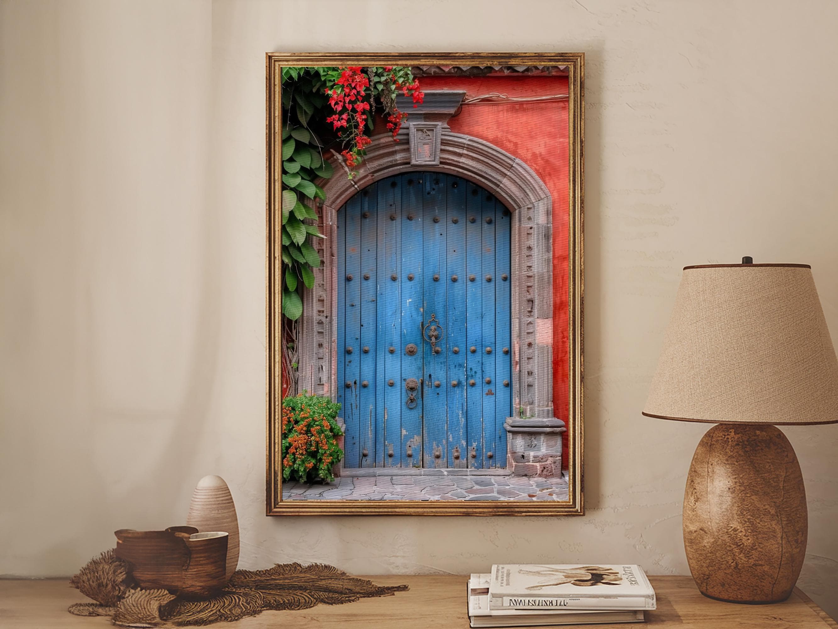Traditional Mexican Style Rustic Blue Door Tall Art Framed Canvas