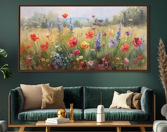 Wildflower Fields Oil Painting Canvas Print, Framed Wall Art, Landscape Wall Art, Minimalist Decor, 36x24/24x16 Art, Ready To Hang