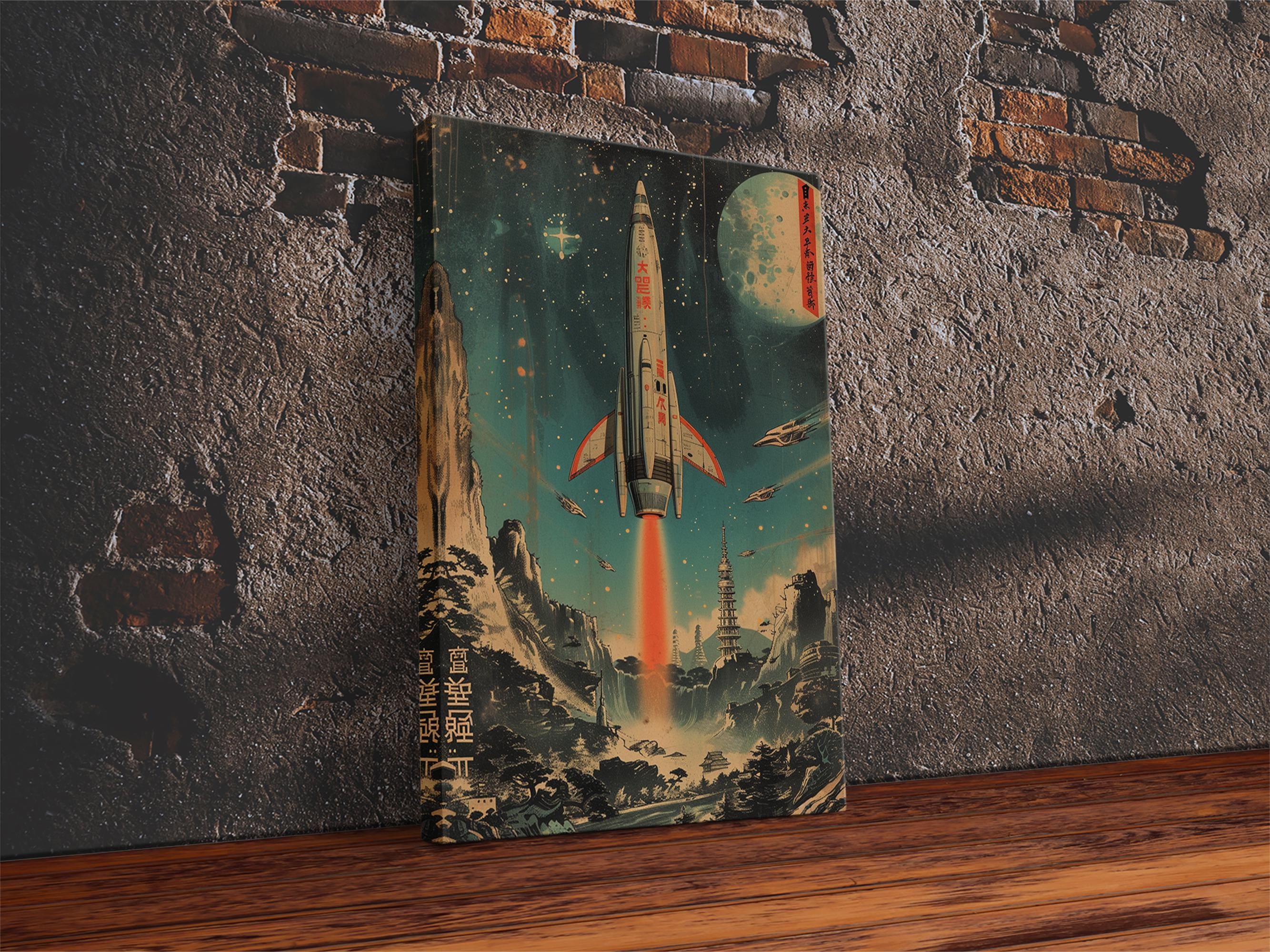 Japanese Space Age Canvas Print: Retro Rocket, Modern Wall Decor