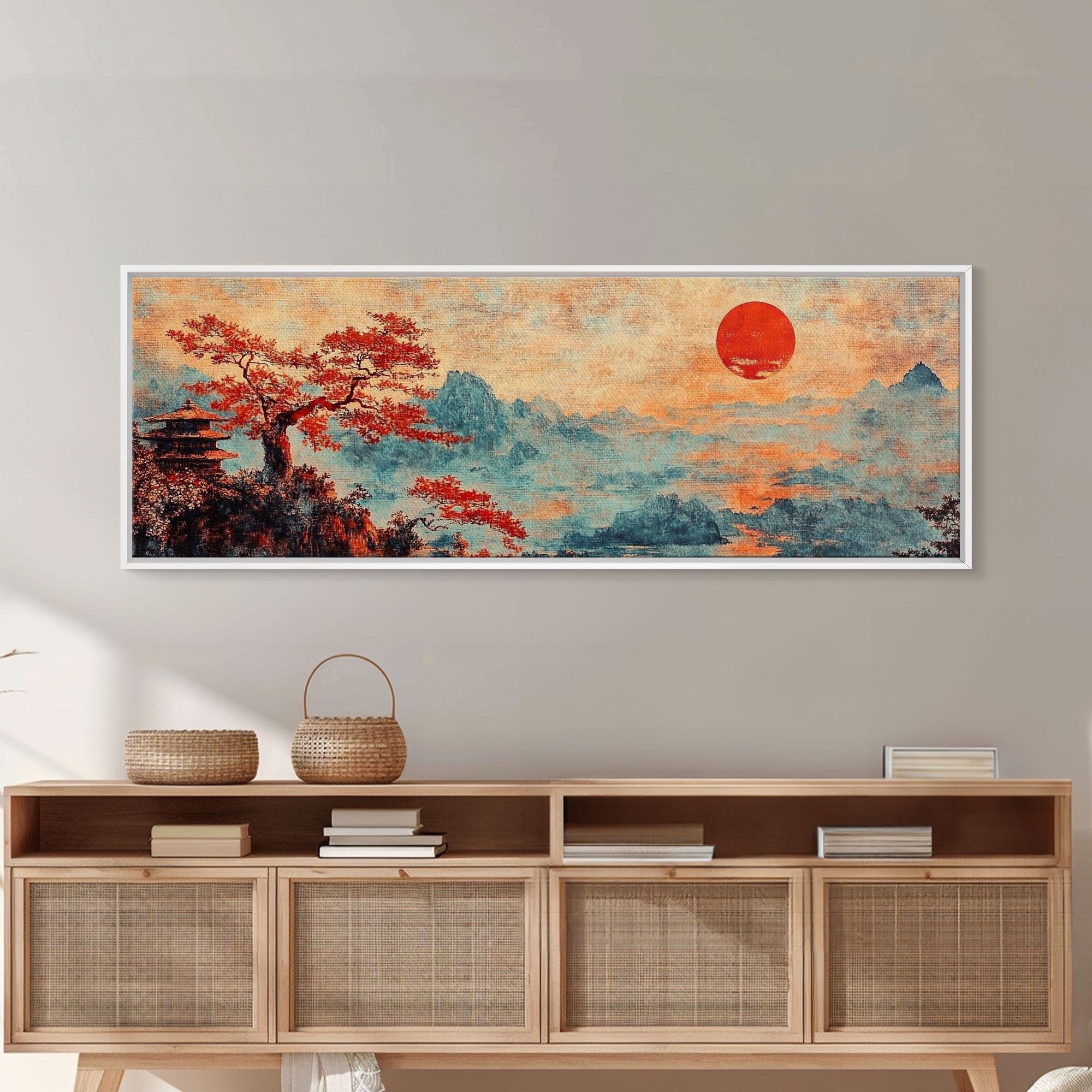 Japanese Pagoda and Large Maple Tree, Framed Canvas Print, Vintage Style Japanese Inspired Wall Art, Panoramic Boho Home Decor