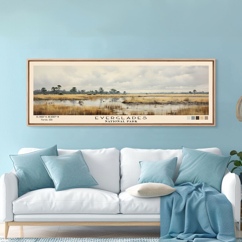 Everglades National Park Panoramic Florida Travel Art, National Park Print, Minimalist Travel Art, Subdued Watercolor Painting Panoramic