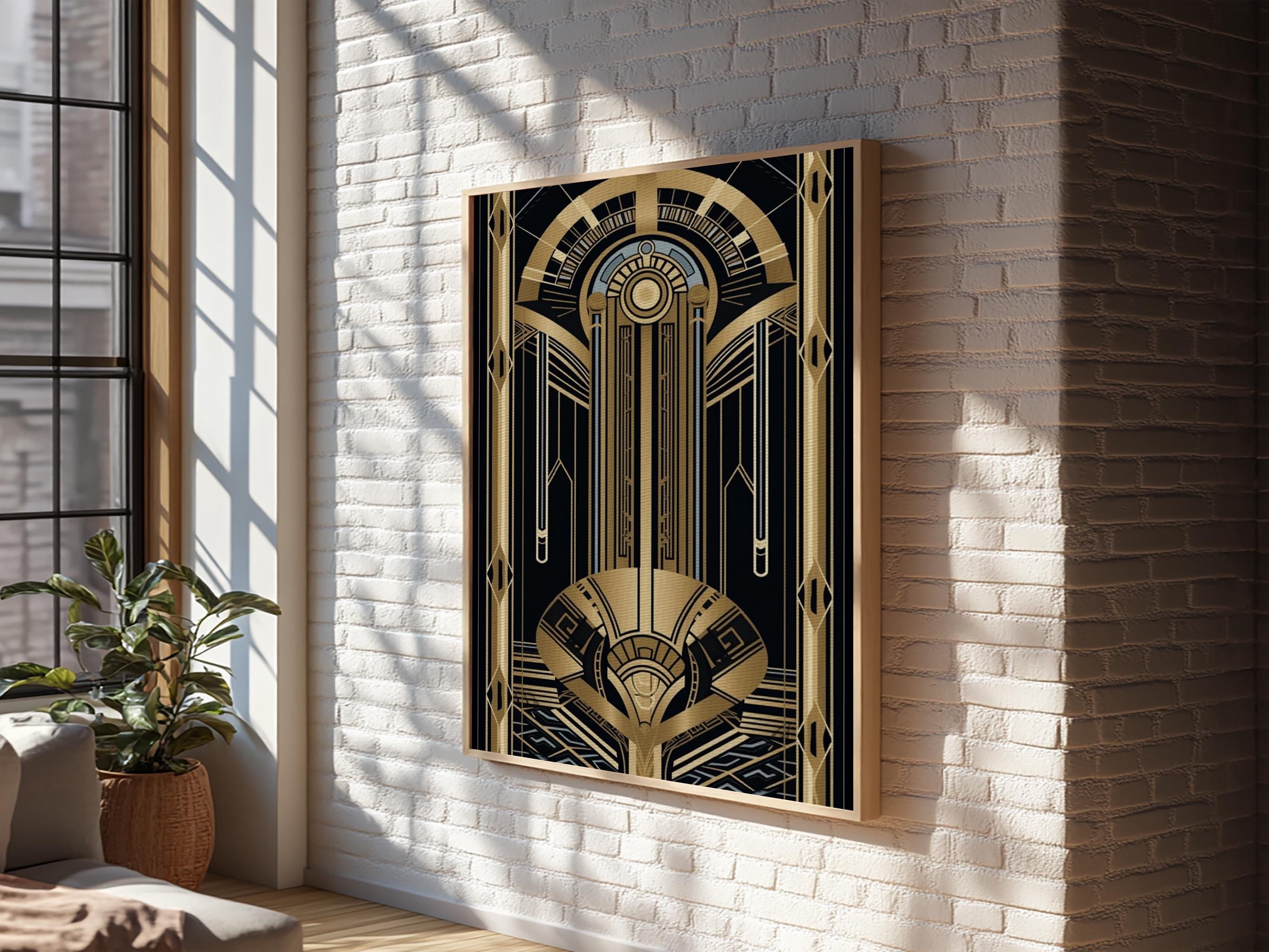 Art Deco Framed Canvas Print: Gold & Black Abstract Lines - Etsy