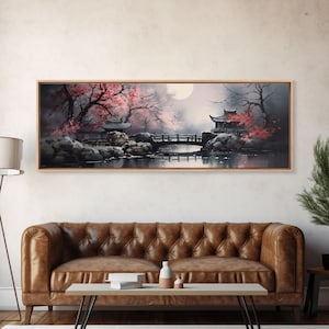 Japanese Hashi Bridge in The Spring, Framed Canvas Print, Japanese Maple Trees Along A Stream, Asian Inspired Artwork
