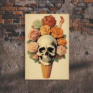 Death Bouquet, Framed Canvas Print, Skull and Flowers, Macabre Art, Dark Academia